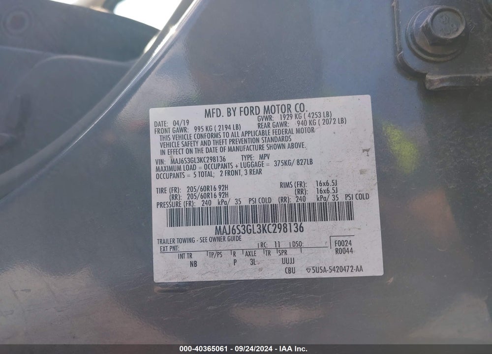 2019 FORD ECOSPORT SE VIN: MAJ6S3GL3KC298136