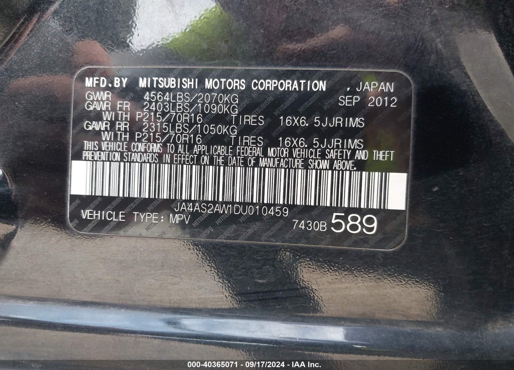 2013 MITSUBISHI OUTLANDER ES VIN: JA4AS2AW1DU010459