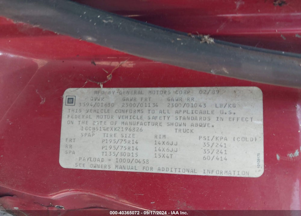 1989 CHEVROLET S TRUCK VIN: 1GCBS14EXK2196826