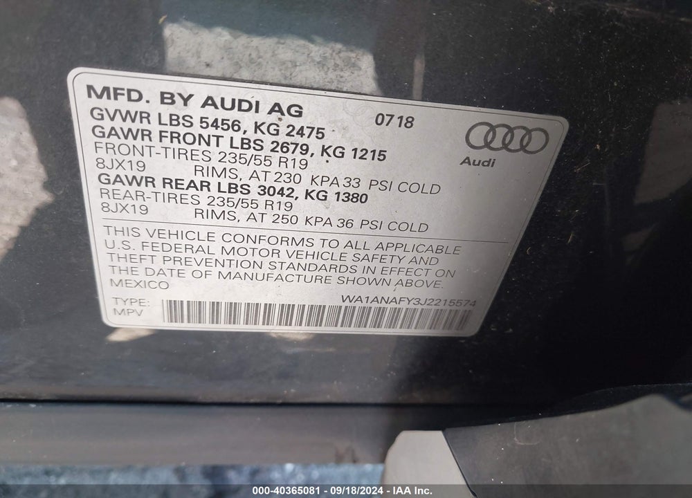 2018 AUDI Q5 VIN: WA1ANAFY3J2215574