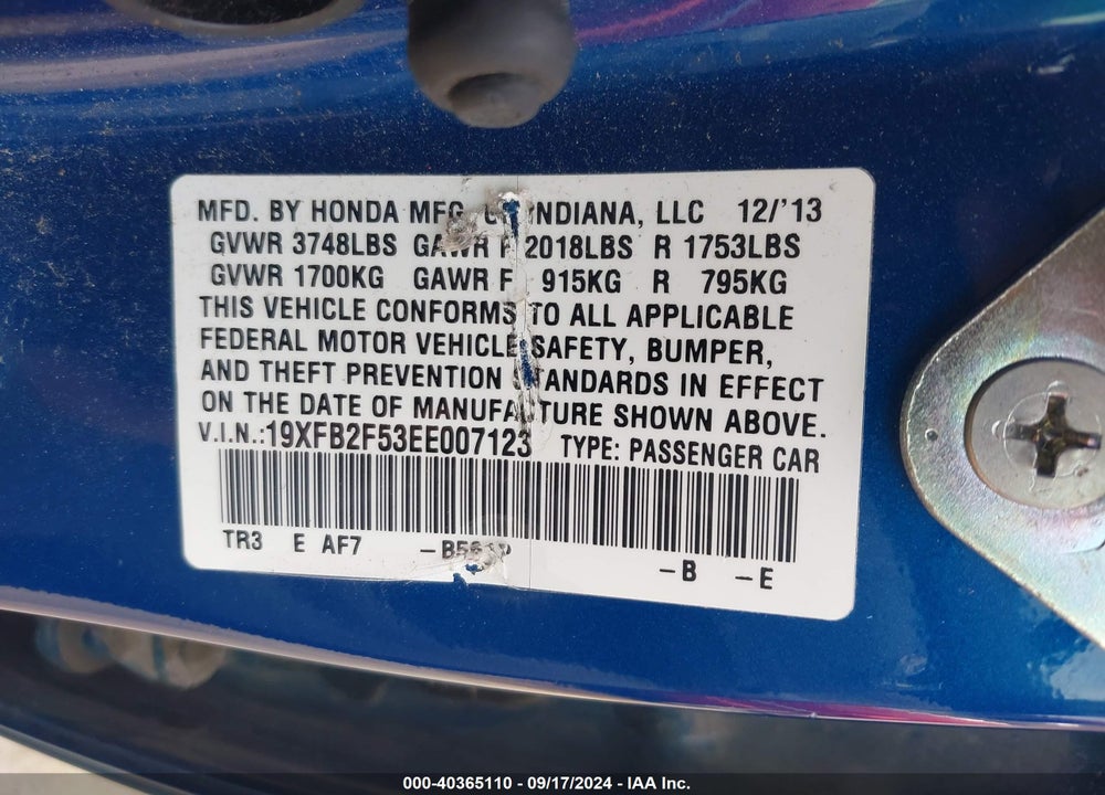 2014 HONDA CIVIC LX VIN: 19XFB2F53EE007123