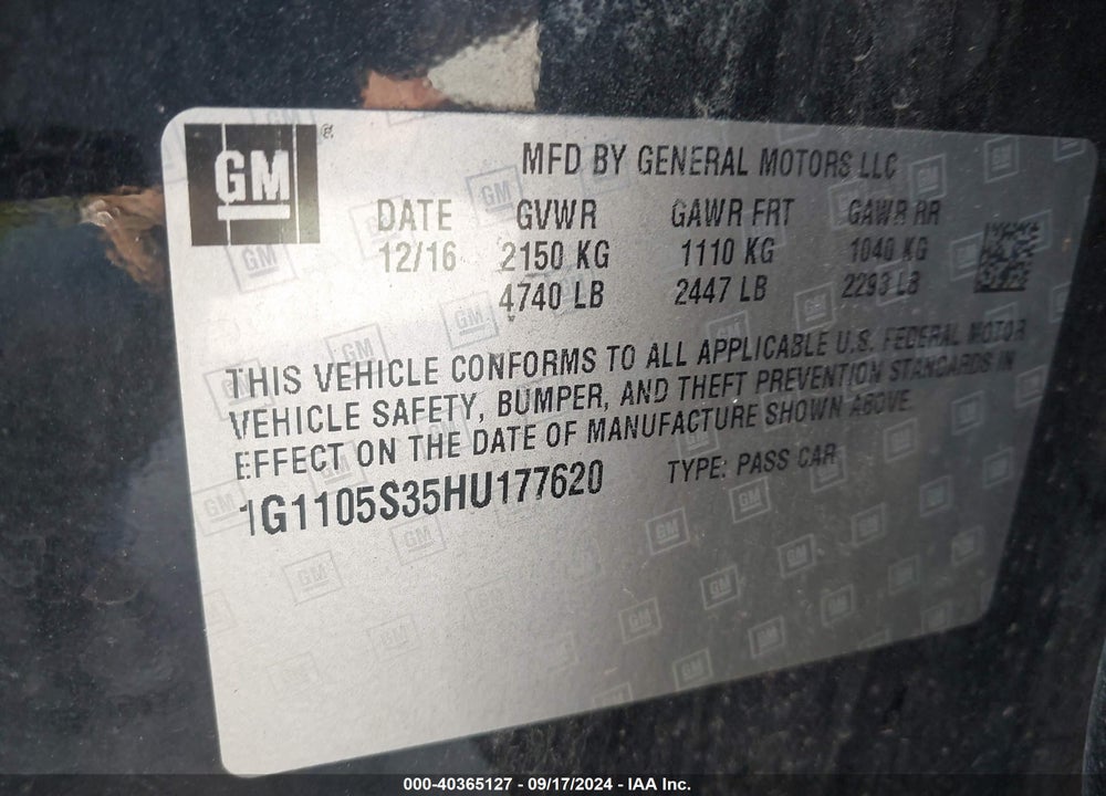 2017 CHEVROLET IMPALA 1LT VIN: 1G1105S35HU177620