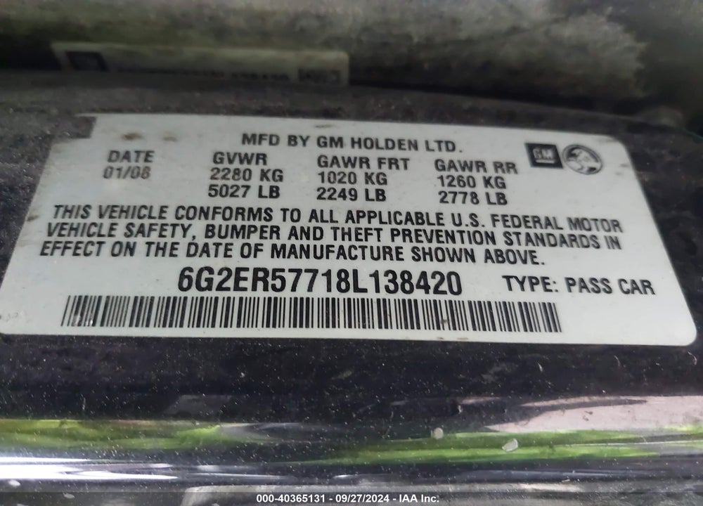 2008 PONTIAC G8 VIN: 6G2ER57718L138420