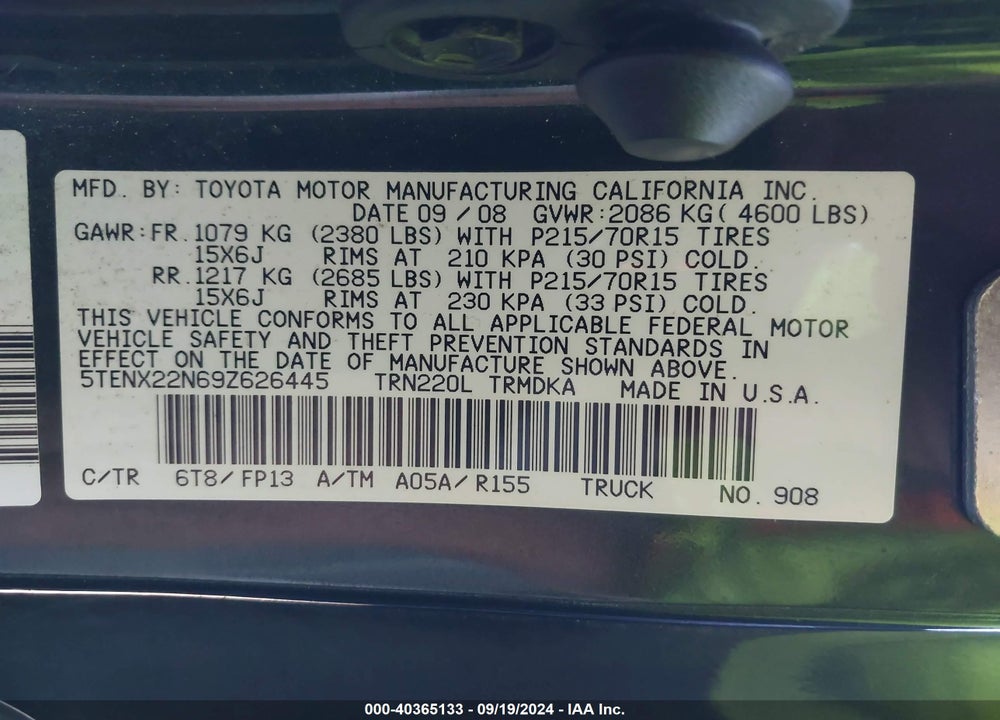 2009 TOYOTA TACOMA VIN: 5TENX22N69Z626445
