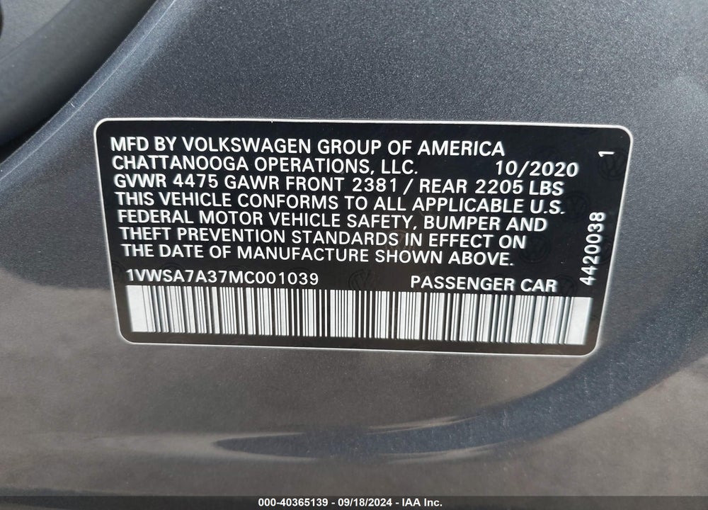2021 VOLKSWAGEN PASSAT 2.0T SE VIN: 1VWSA7A37MC001039