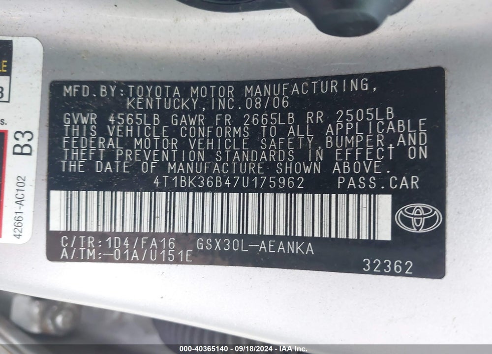 2007 TOYOTA AVALON VIN: 4T1BK36B47U175962