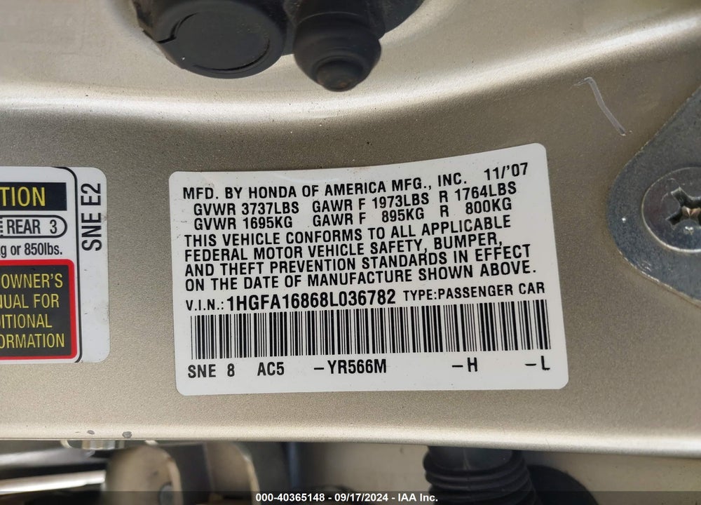 2008 HONDA CIVIC EX VIN: 1HGFA16868L036782