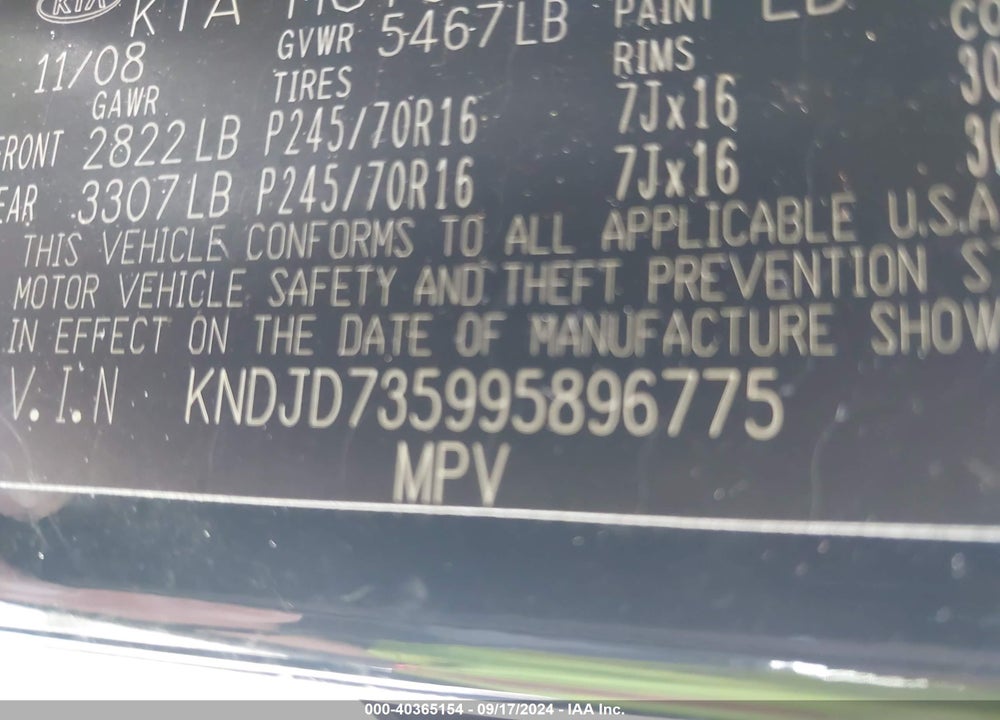 2009 KIA SORENTO LX VIN: KNDJD735995896775