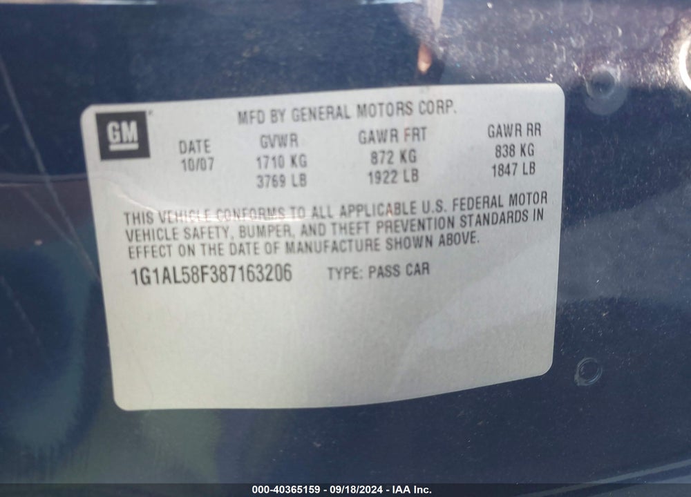 2008 CHEVROLET COBALT LT VIN: 1G1AL58F387163206