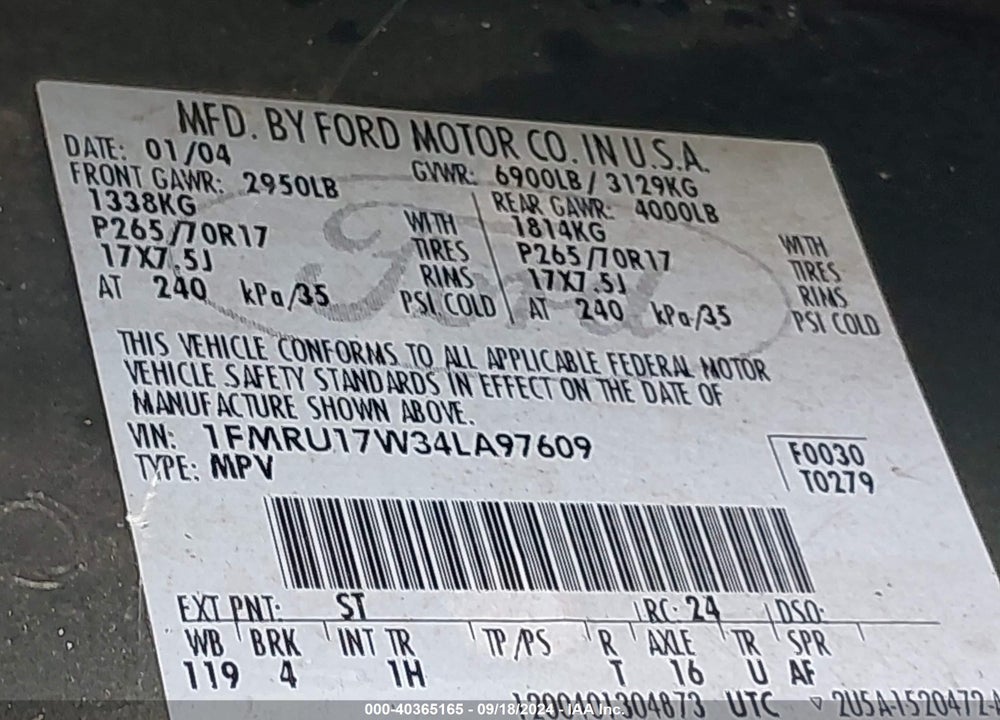 2004 FORD EXPEDITION VIN: 1FMRU17W34LA97609