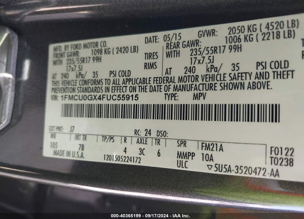 2015 FORD ESCAPE SE VIN: 1FMCU0GX4FUC55915