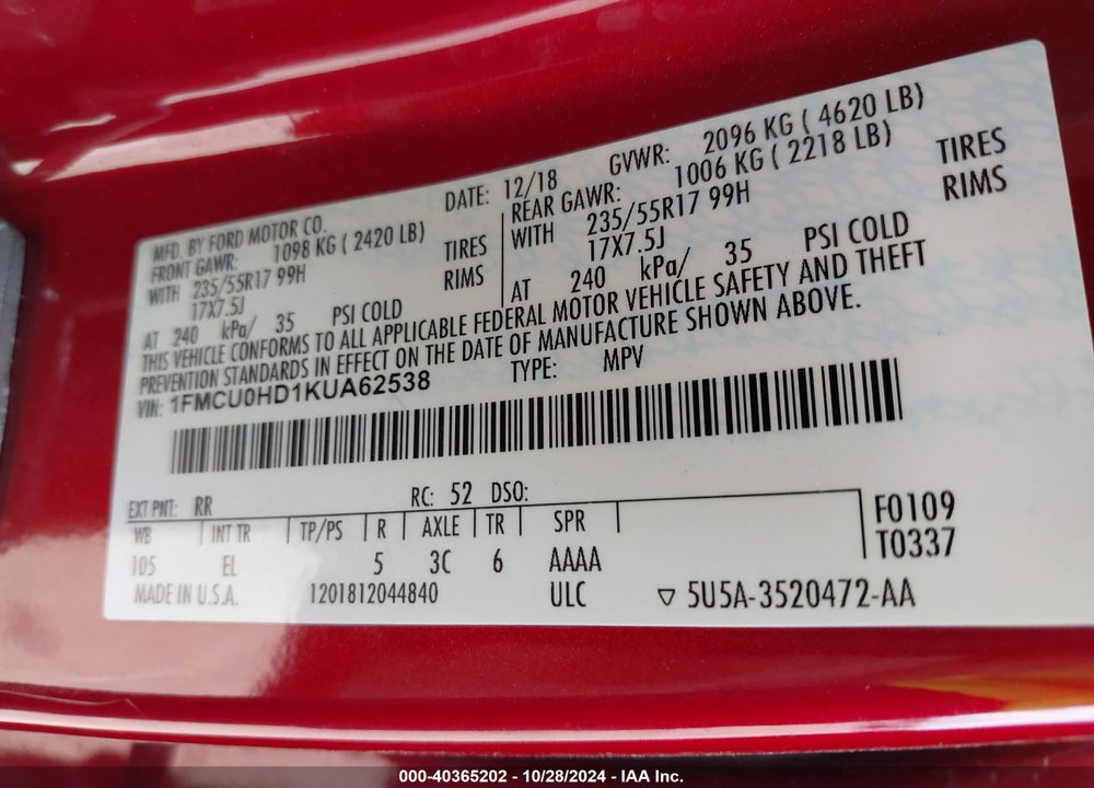 2019 FORD ESCAPE SEL VIN: 1FMCU0HD1KUA62538