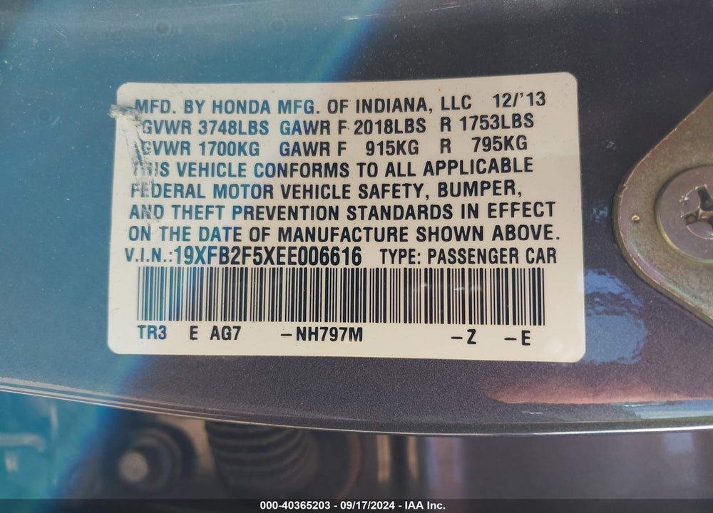 2014 HONDA CIVIC LX VIN: 19XFB2F5XEE006616
