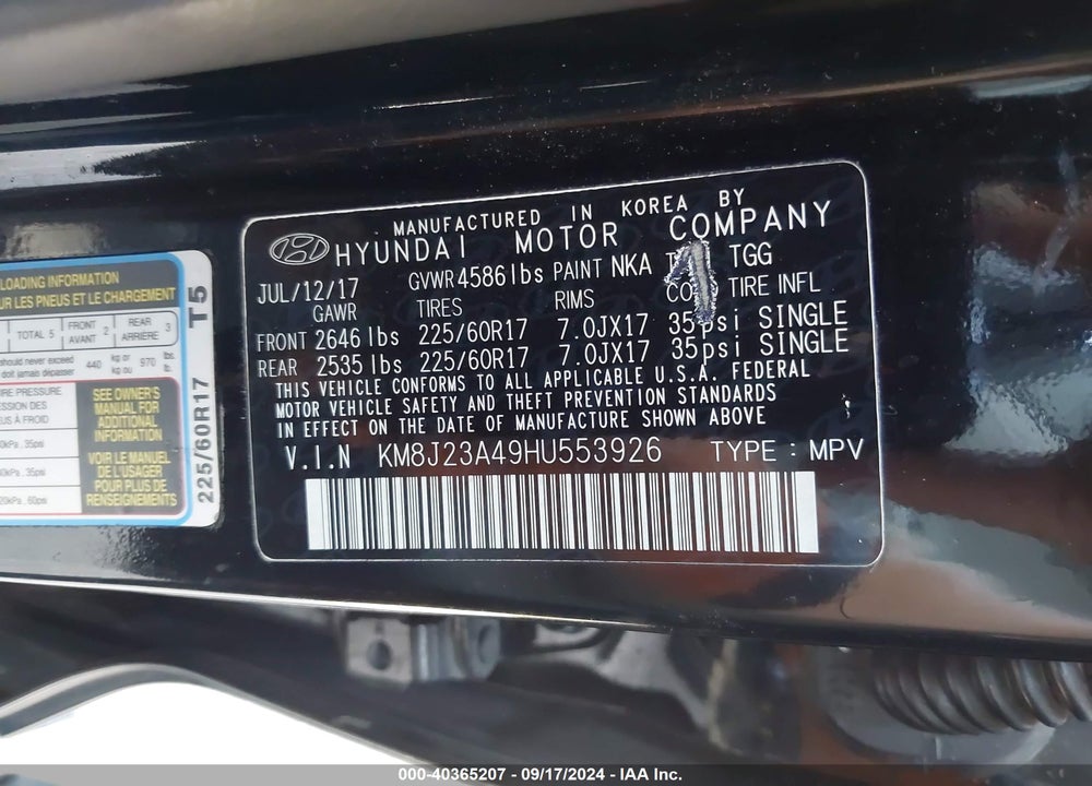 2017 HYUNDAI TUCSON SE VIN: KM8J23A49HU553926