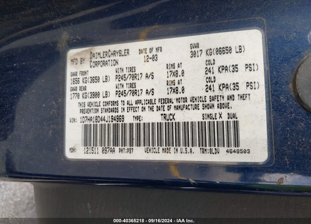 2004 DODGE RAM 1500 SLT/LARAMIE VIN: 1D7HA18D44J194969