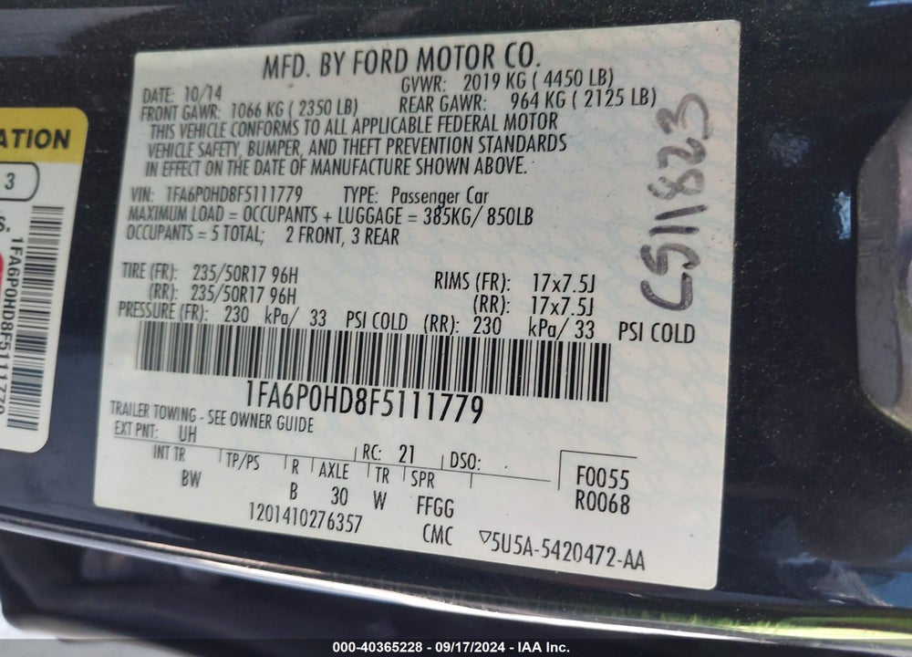 2015 FORD FUSION SE VIN: 1FA6P0HD8F5111779