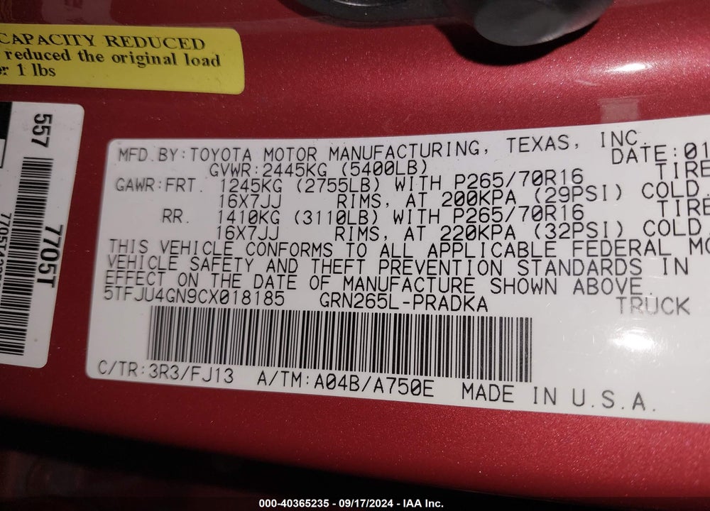 2012 TOYOTA TACOMA PRERUNNER V6 VIN: 5TFJU4GN9CX018185