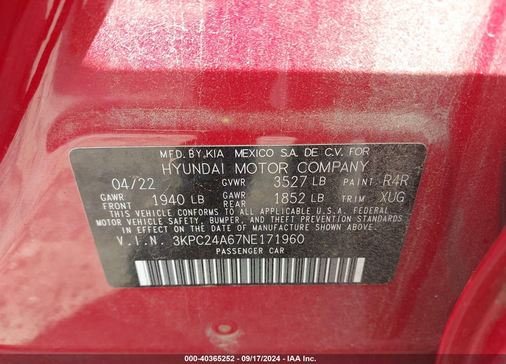 2022 HYUNDAI ACCENT SE VIN: 3KPC24A67NE171960