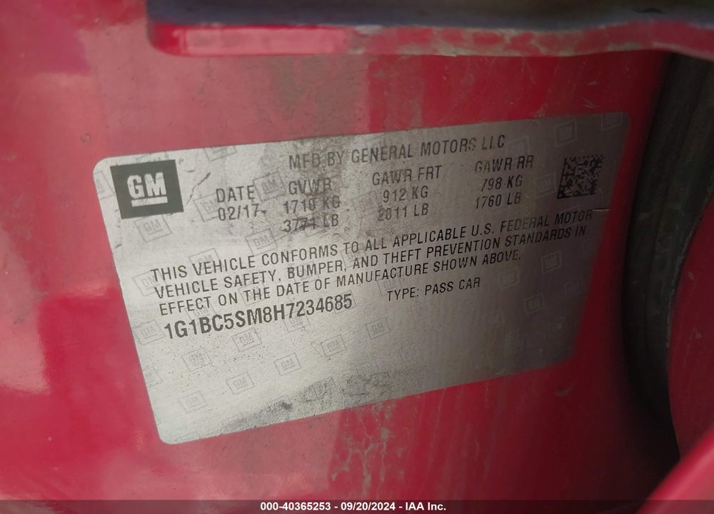 2017 CHEVROLET CRUZE LS AUTO VIN: 1G1BC5SM8H7234685