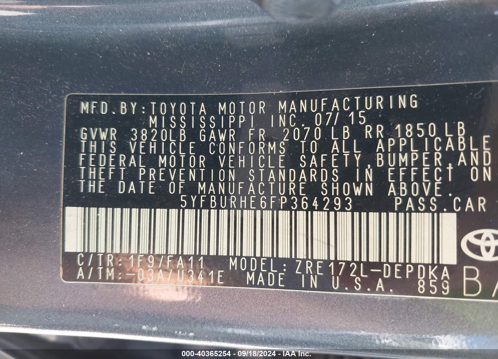 2015 TOYOTA COROLLA L VIN: 5YFBURHE6FP364293