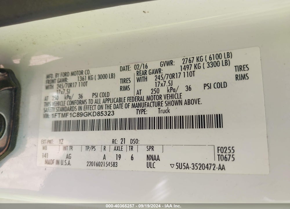 2016 FORD F-150 XL VIN: 1FTMF1C89GKD85323