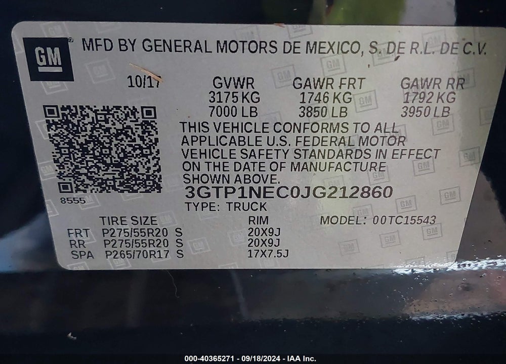 2018 GMC SIERRA 1500 VIN: 3GTP1NEC0JG212860