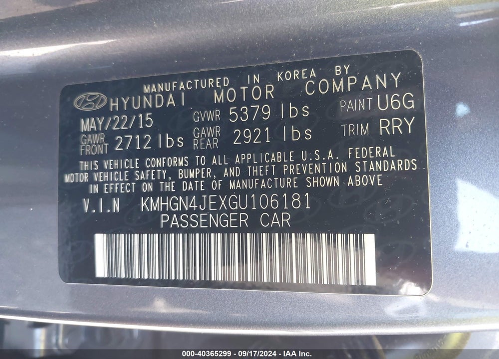2016 HYUNDAI GENESIS 3.8 VIN: KMHGN4JEXGU106181