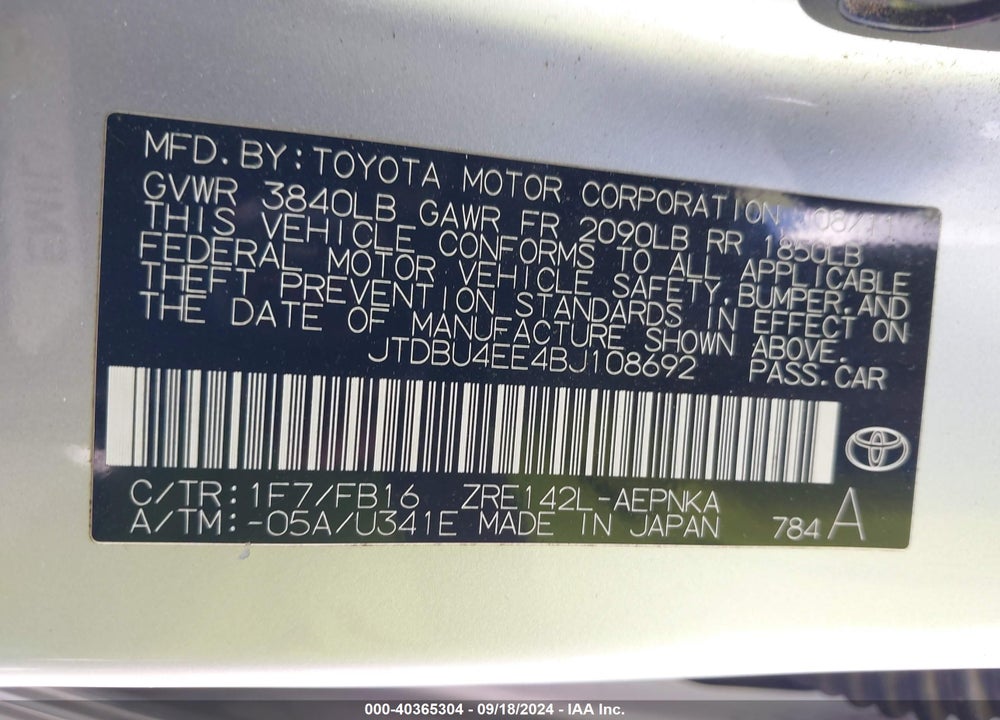 2011 TOYOTA COROLLA LE VIN: JTDBU4EE4BJ108692