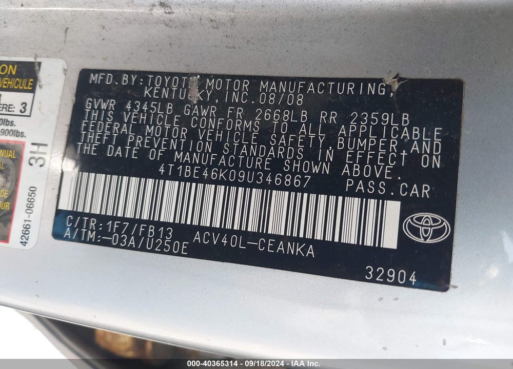 2009 TOYOTA CAMRY LE VIN: 4T1BE46K09U346867
