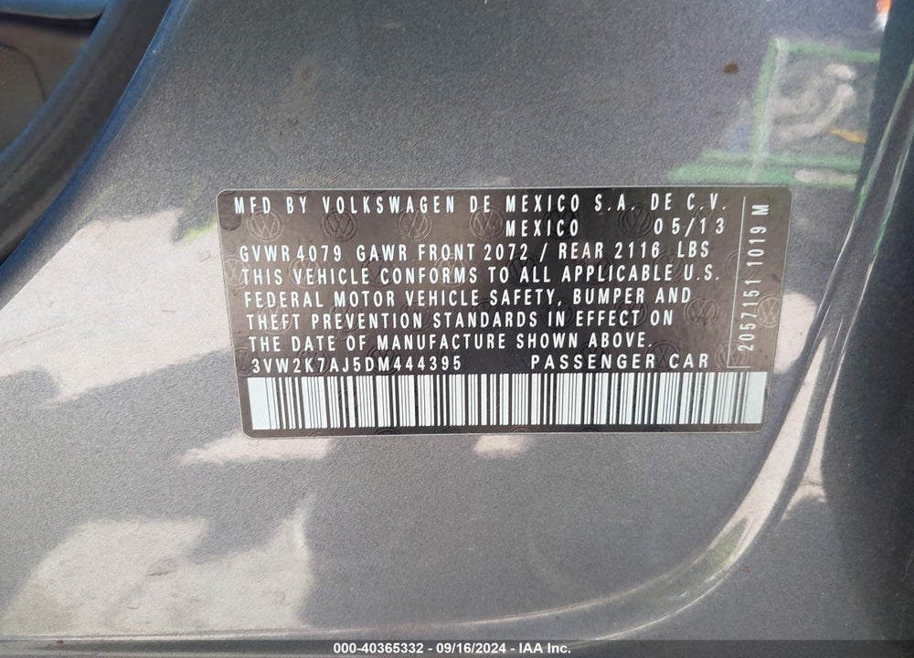2013 VOLKSWAGEN JETTA 2.0L S VIN: 3VW2K7AJ5DM444395