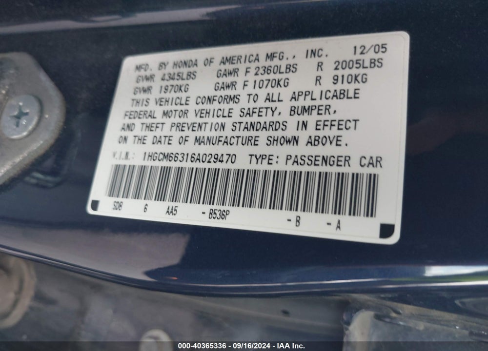 2006 HONDA ACCORD 3.0 LX VIN: 1HGCM66316A029470