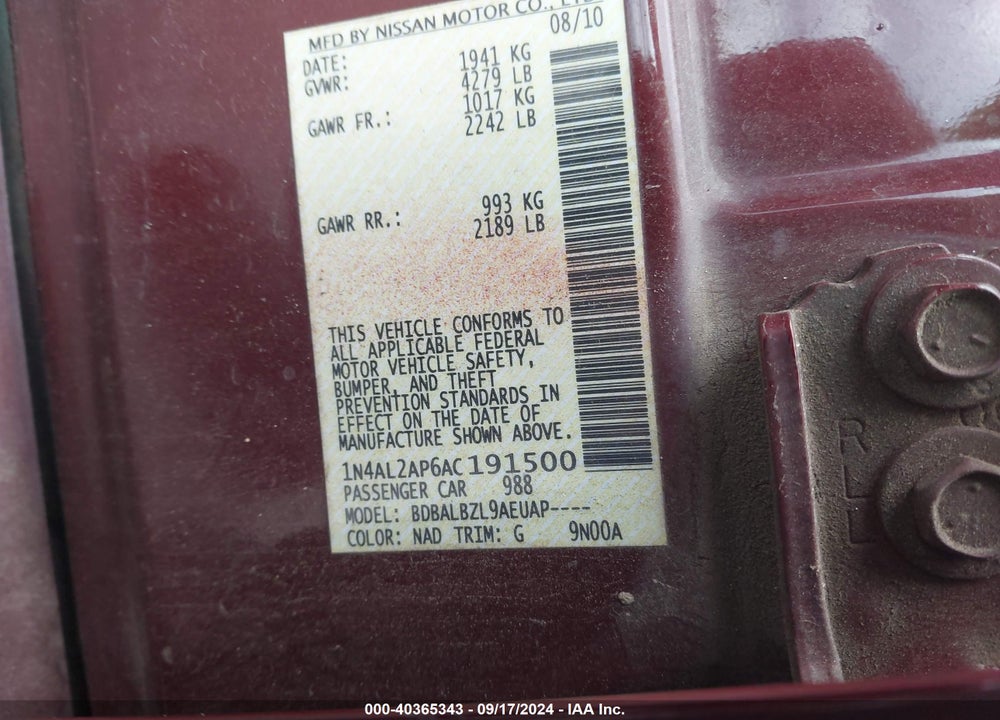 2010 NISSAN ALTIMA 2.5 S VIN: 1N4AL2AP6AC191500