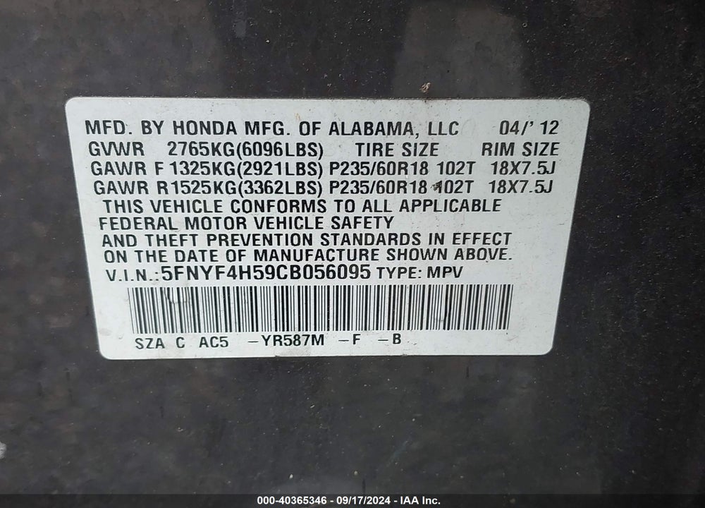 2012 HONDA PILOT EX-L VIN: 5FNYF4H59CB056095
