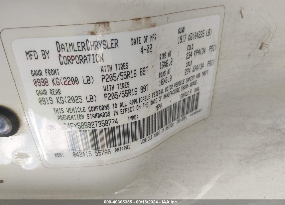 2002 CHRYSLER PT CRUISER TOURING VIN: 3C4FY58B92T358774