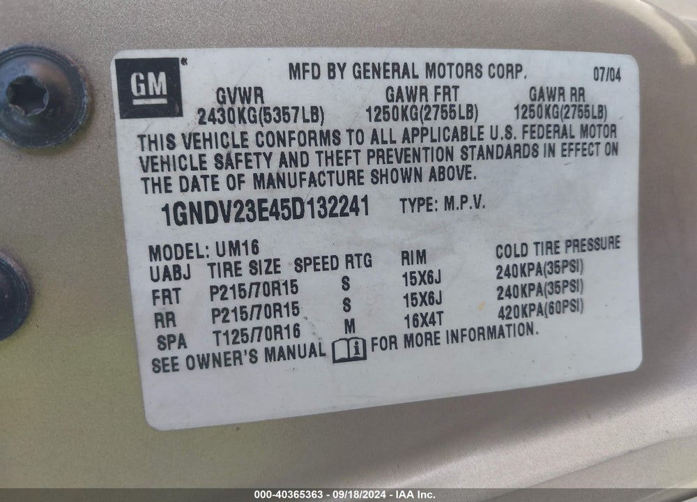 2005 CHEVROLET VENTURE LS VIN: 1GNDV23E45D132241