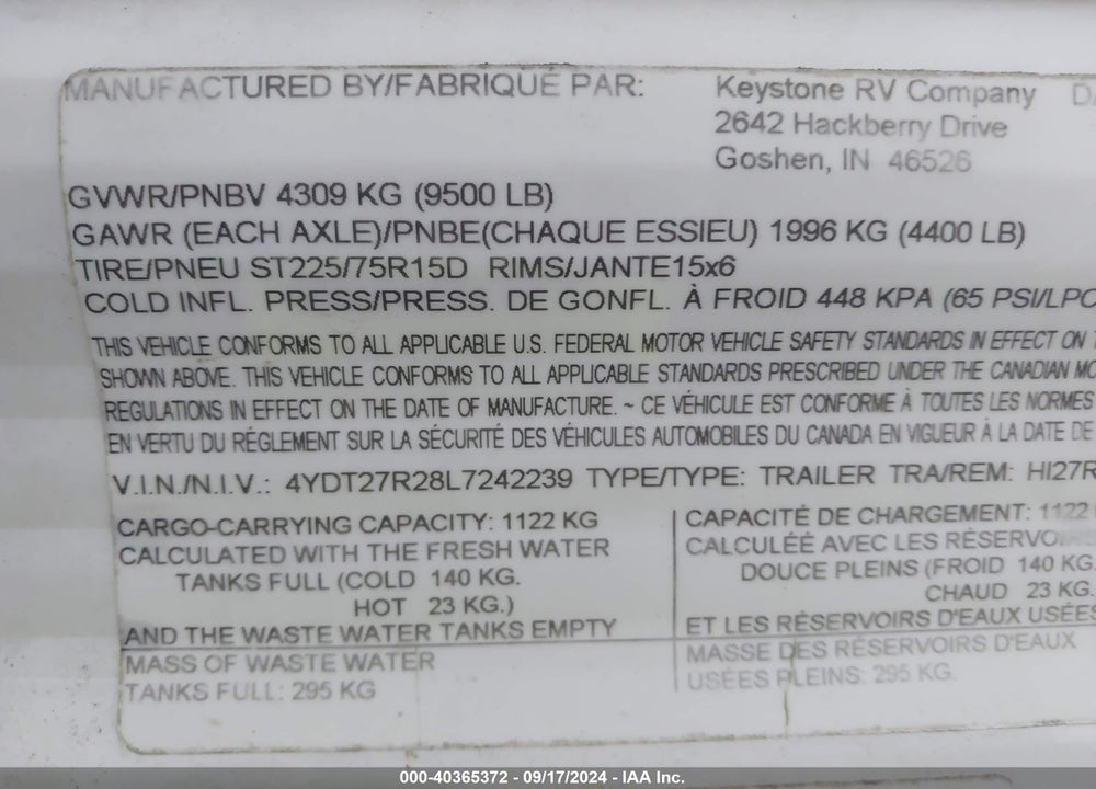 2020 KEYSTONE RV OTHER VIN: 4YDT27R28L7242239