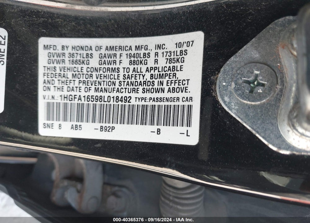 2008 HONDA CIVIC LX VIN: 1HGFA16598L018492