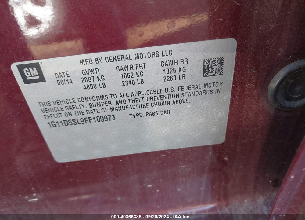 2015 CHEVROLET MALIBU 2LT VIN: 1G11D5SL9FF109973
