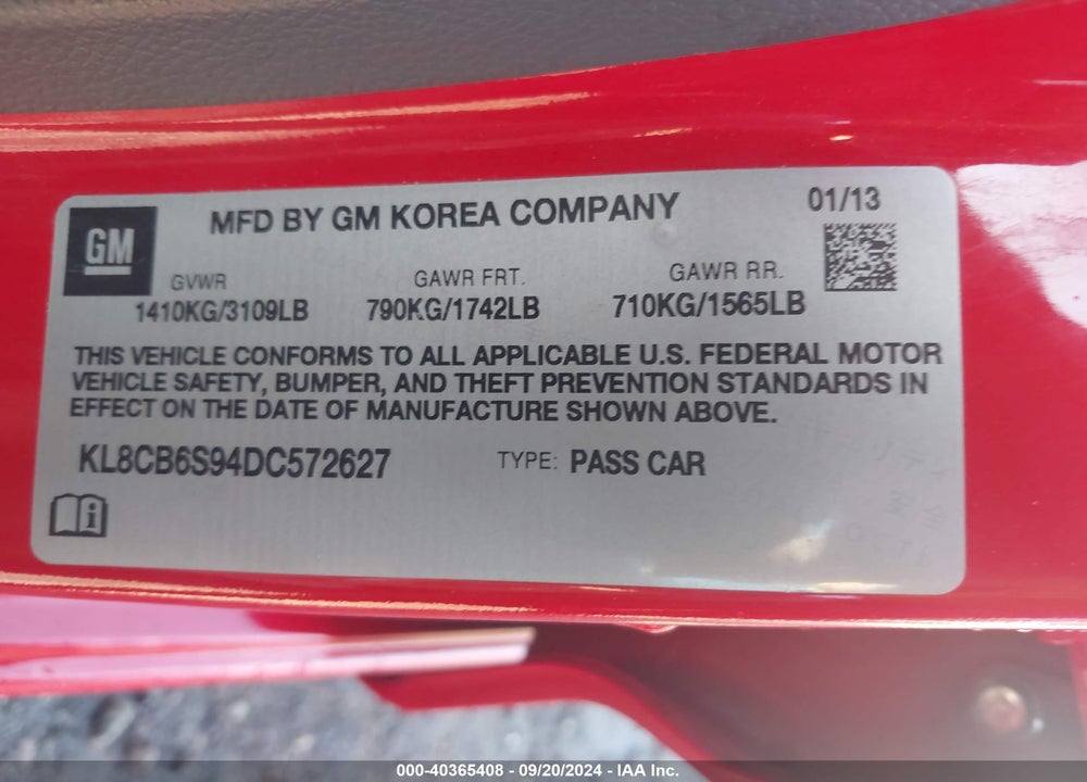 2013 CHEVROLET SPARK LS AUTO VIN: KL8CB6S94DC572627