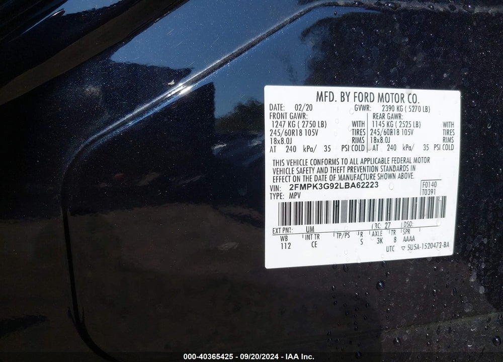 2020 FORD EDGE SE VIN: 2FMPK3G92LBA62223