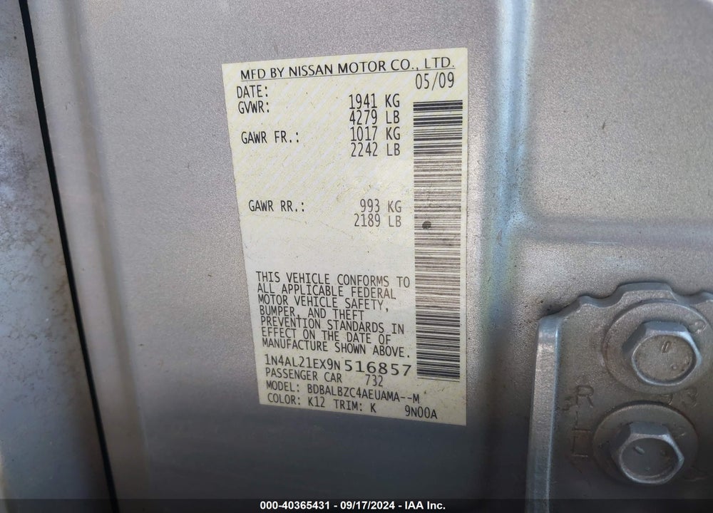 2009 NISSAN ALTIMA 2.5 S VIN: 1N4AL21EX9N516857