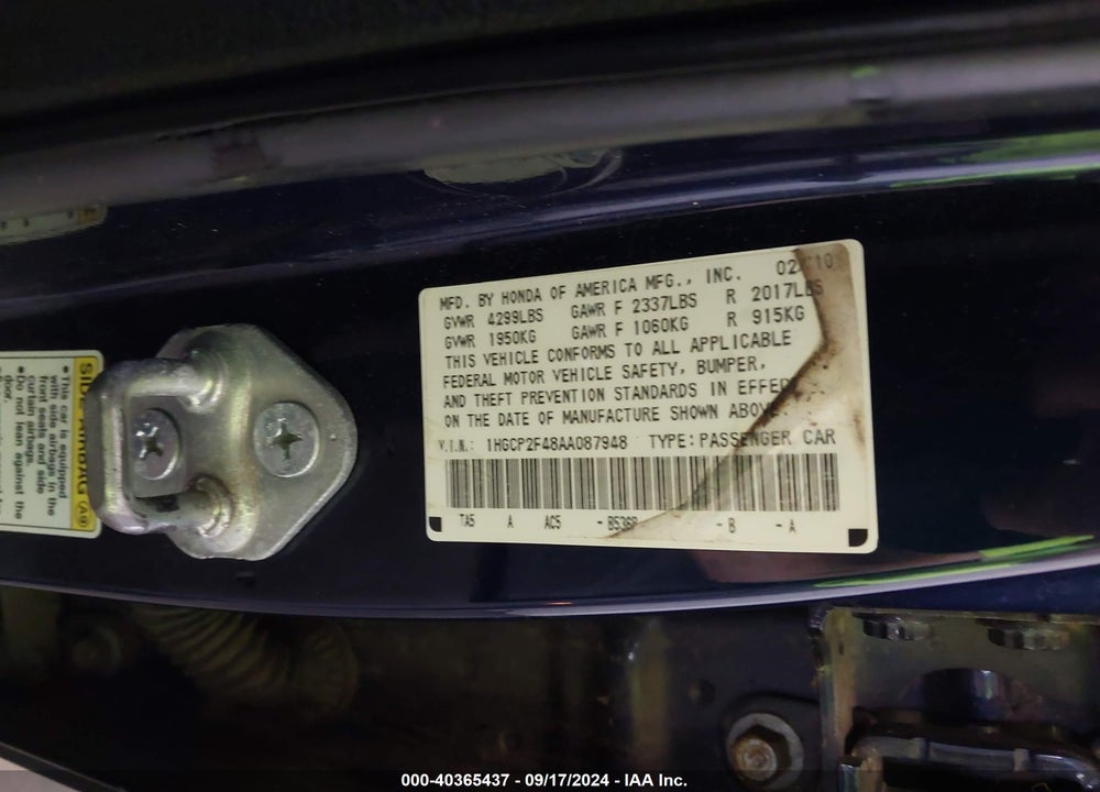 2010 HONDA ACCORD 2.4 LX-P VIN: 1HGCP2F48AA087948