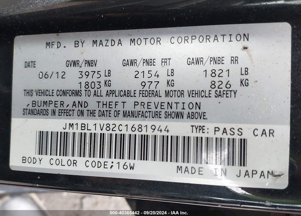 2012 MAZDA 3 I TOURING VIN: JM1BL1V82C1681944