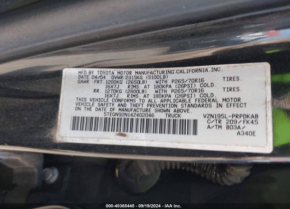 2004 TOYOTA TACOMA PRERUNNER V6 VIN: 5TEGN92N14Z402046