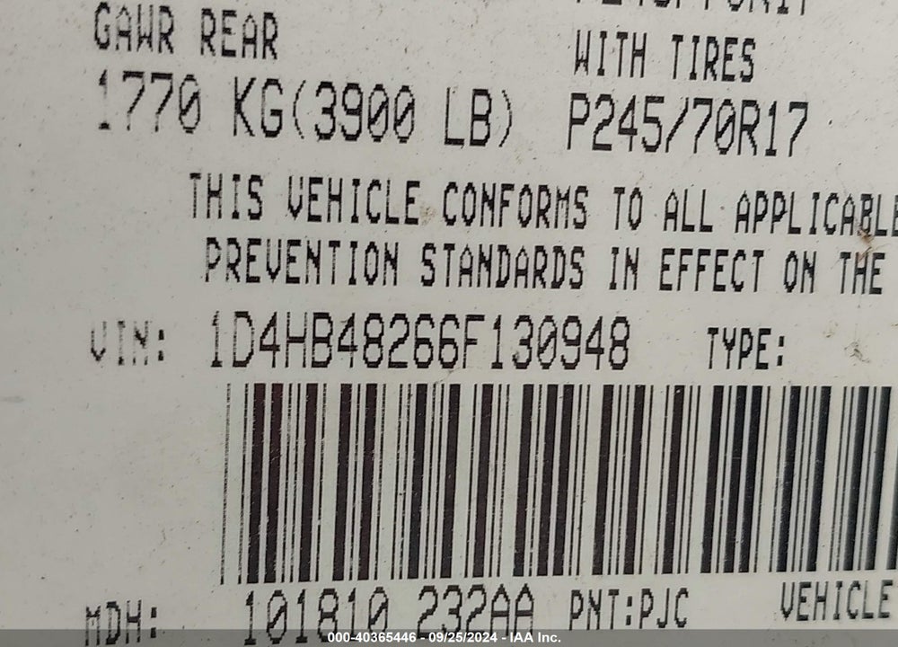 2006 DODGE DURANGO SLT VIN: 1D4HB48266F130948