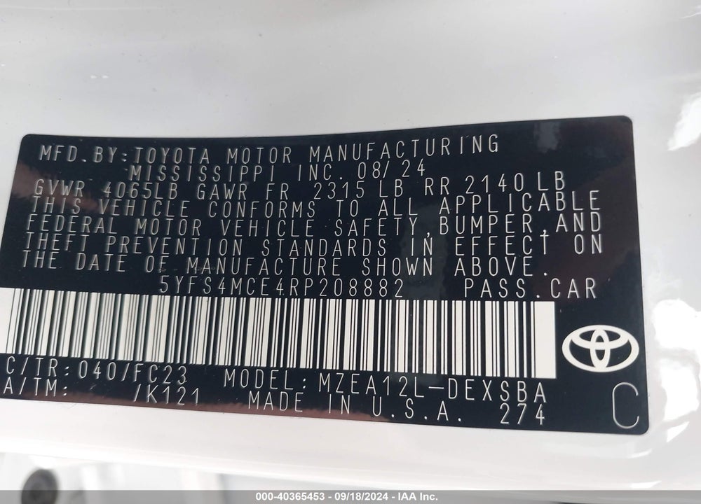 2024 TOYOTA COROLLA SE VIN: 5YFS4MCE4RP208882