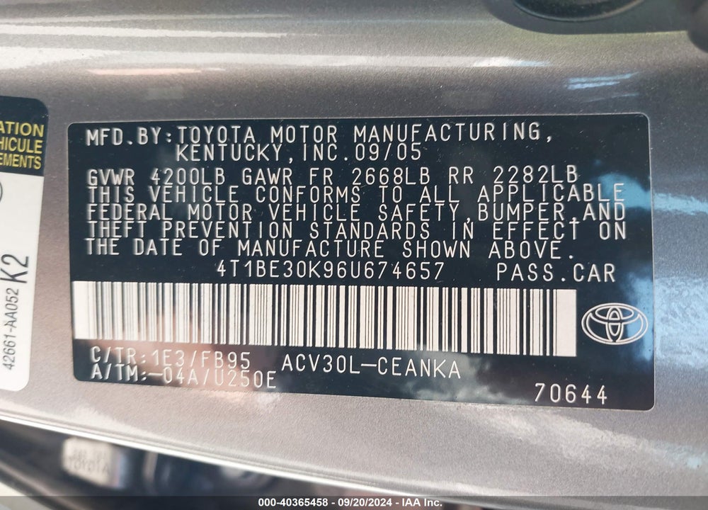 2006 TOYOTA CAMRY LE VIN: 4T1BE30K96U674657