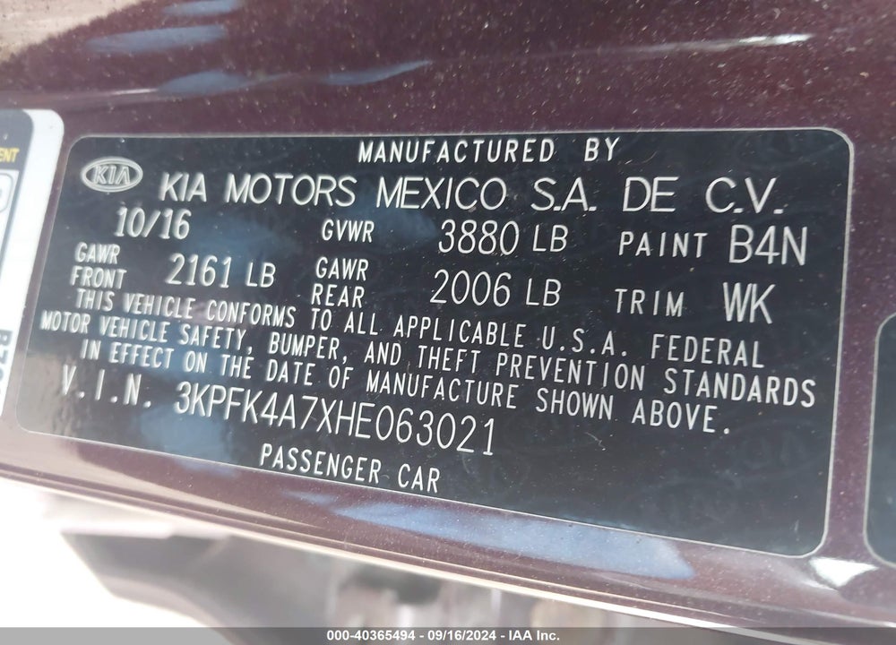 2017 KIA FORTE LX VIN: 3KPFK4A7XHE063021
