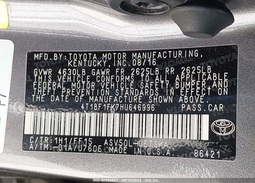 2017 TOYOTA CAMRY SE VIN: 4T1BF1FK7HU646996