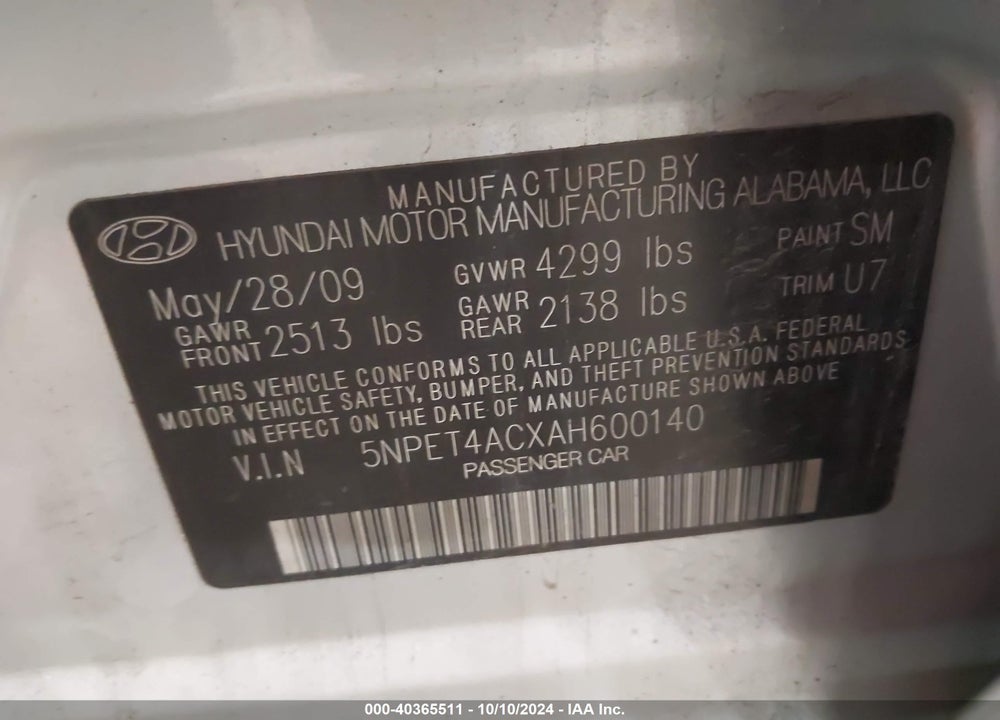 2010 HYUNDAI SONATA GLS VIN: 5NPET4ACXAH600140